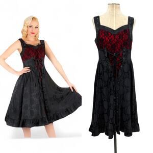 Hearts & Roses‎ Mia Dress Corset Lace-Up Brocade Floral Black Red Size US 10